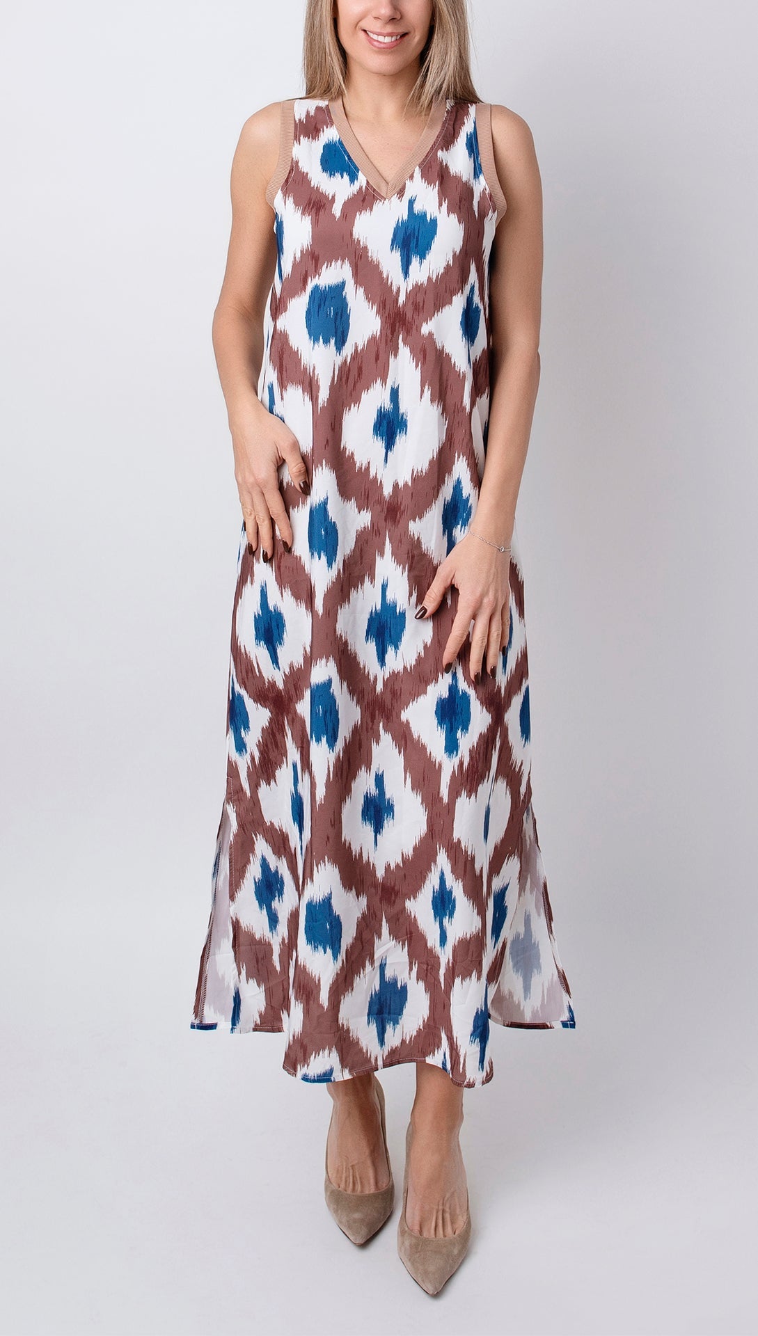Laia - Vestidos casuales con tirantes y cuello en V con patchwork y estampado geométrico