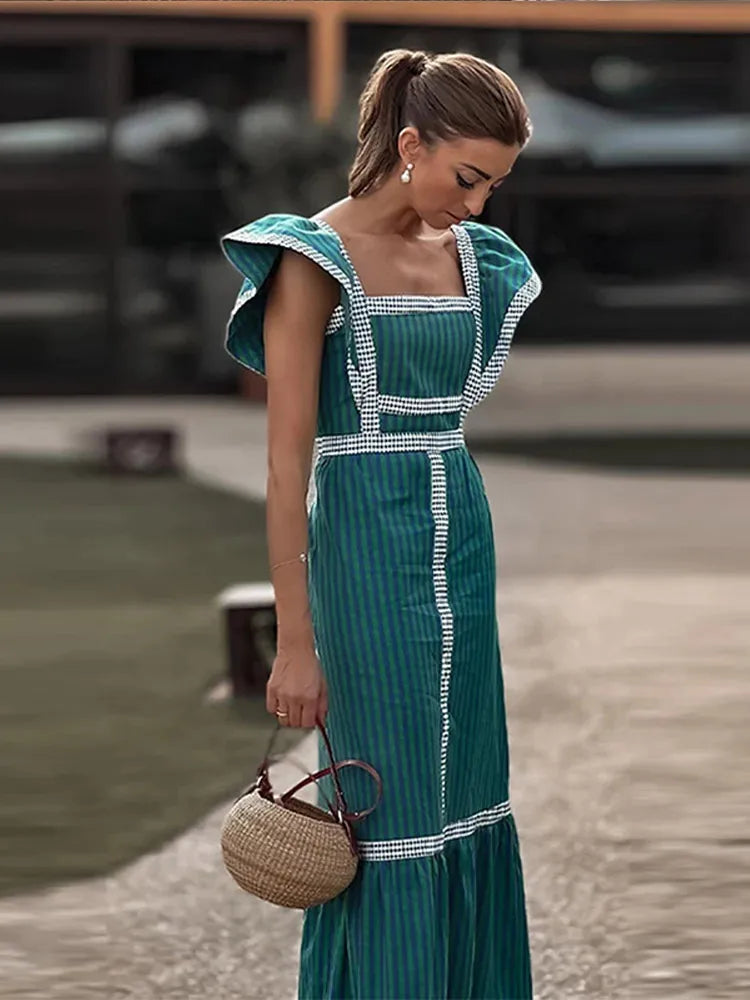Vestido Vintage Largo de Patchwork con Cuello Cuadrado para Mujer