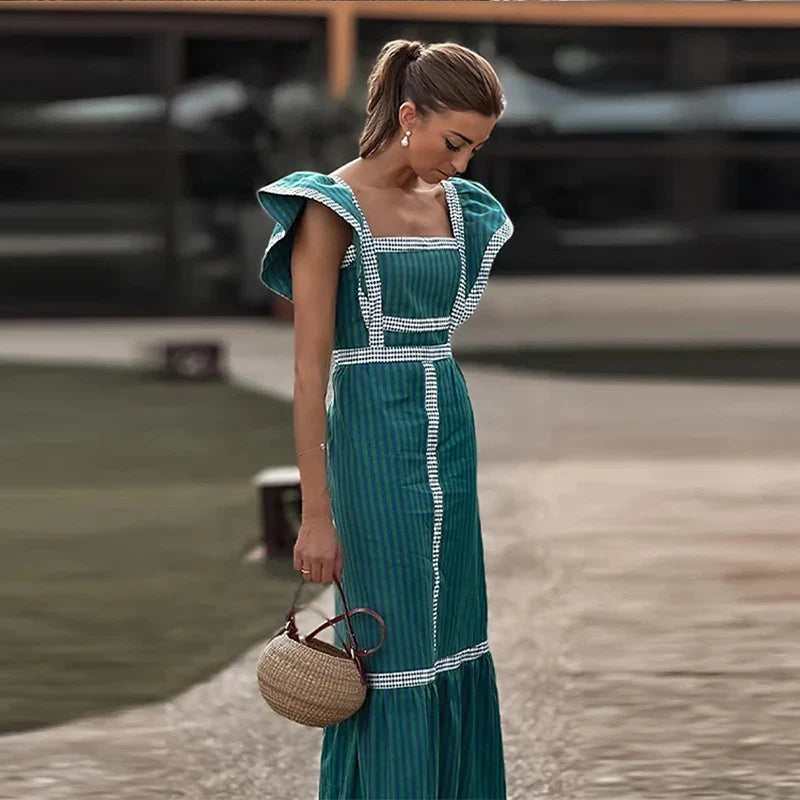Vestido Vintage Largo de Patchwork con Cuello Cuadrado para Mujer