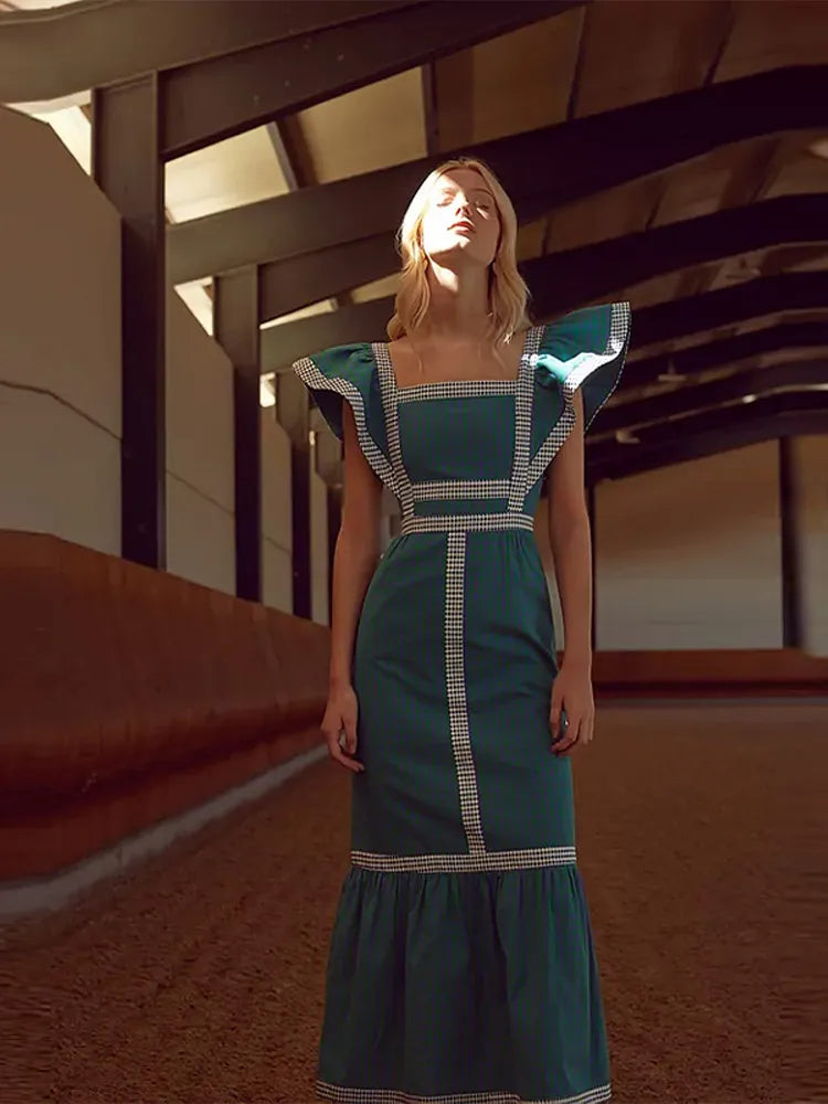 Vestido Vintage Largo de Patchwork con Cuello Cuadrado para Mujer
