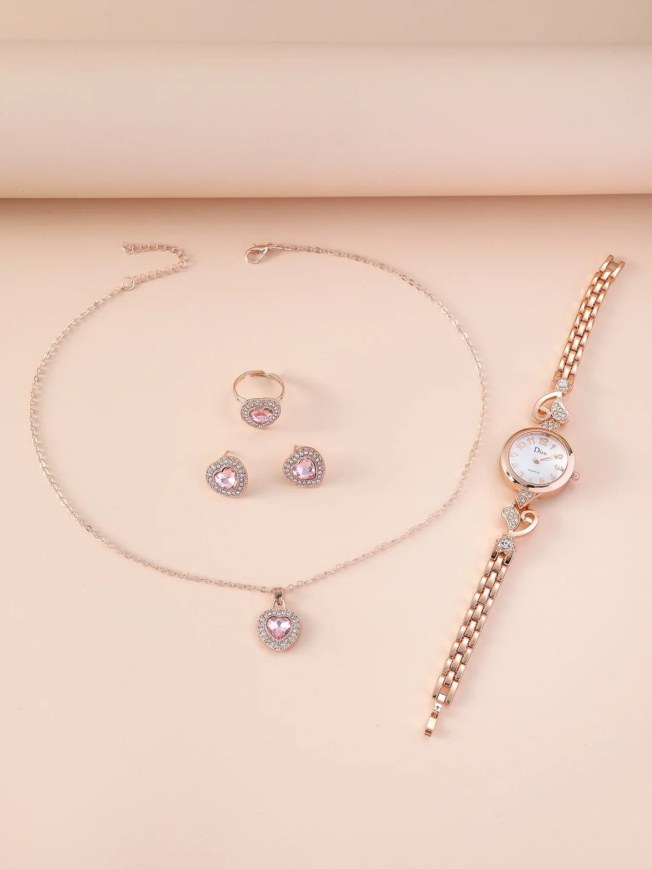 Elegante Reloj Love de Oro Rosa para Mujer (Set de Regalo 5 Piezas)