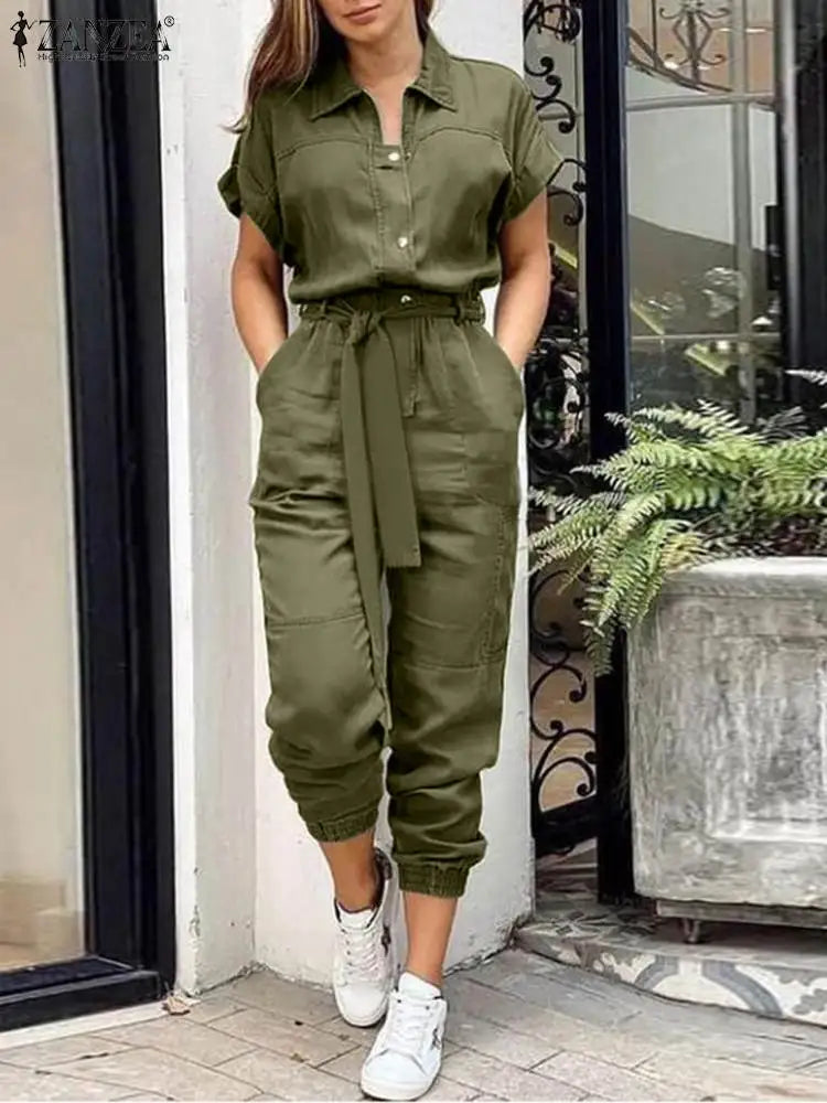 Summer Cargo Jumpsuit Short Sleeves S-5XL