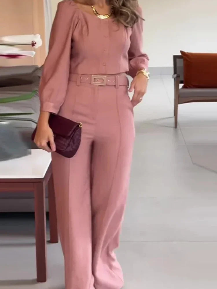 Elegant High Waist Pants Set with Long Sleeve Blouse