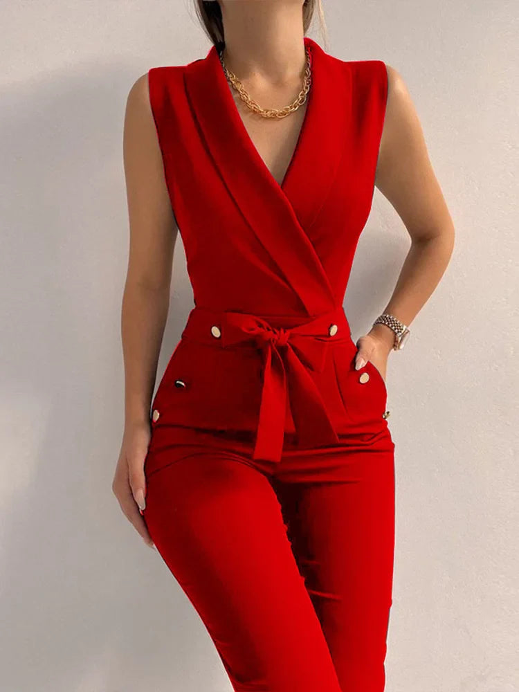 Casual Jumpsuit with V-Neckline and Buttons