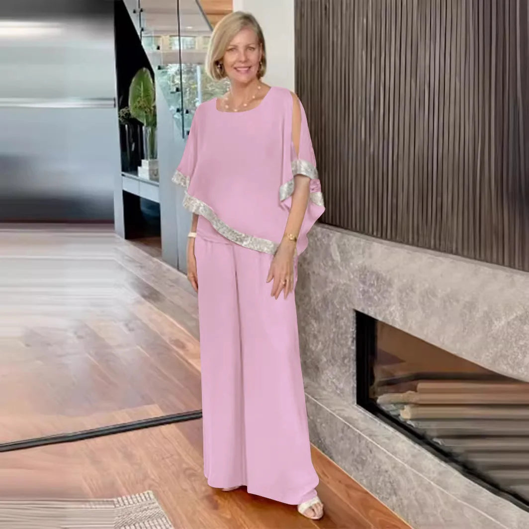 Conjunto de Dos Piezas Elegante con Top de Lentejuelas y Pantalones de Pierna Ancha