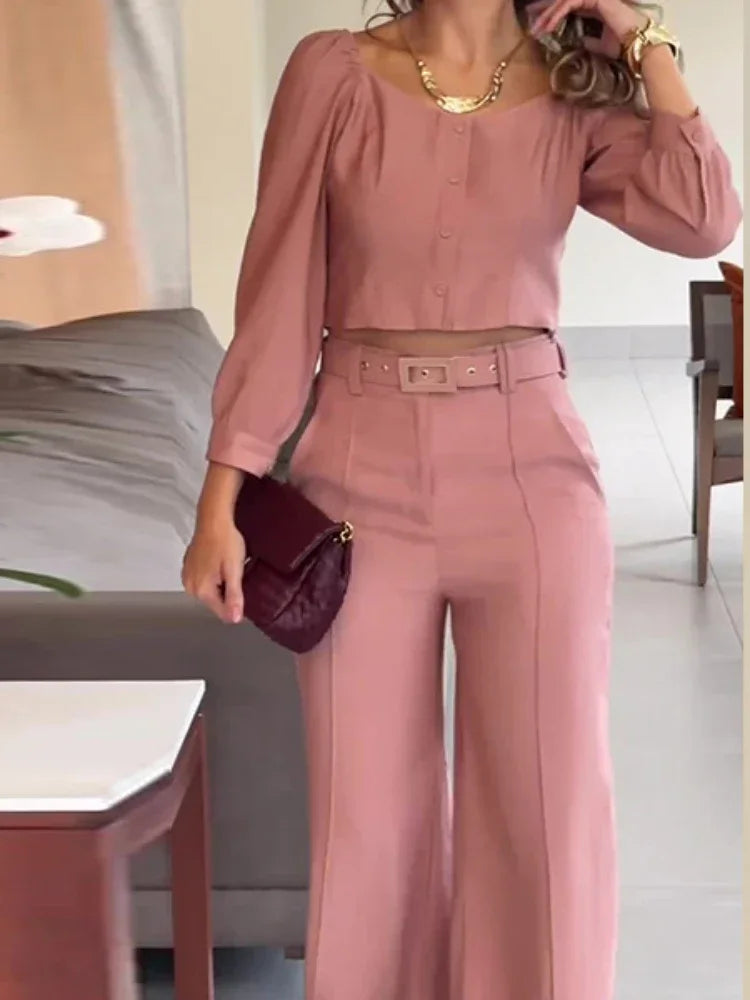 Elegant High Waist Pants Set with Long Sleeve Blouse