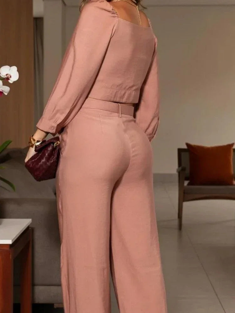 Elegant High Waist Pants Set with Long Sleeve Blouse