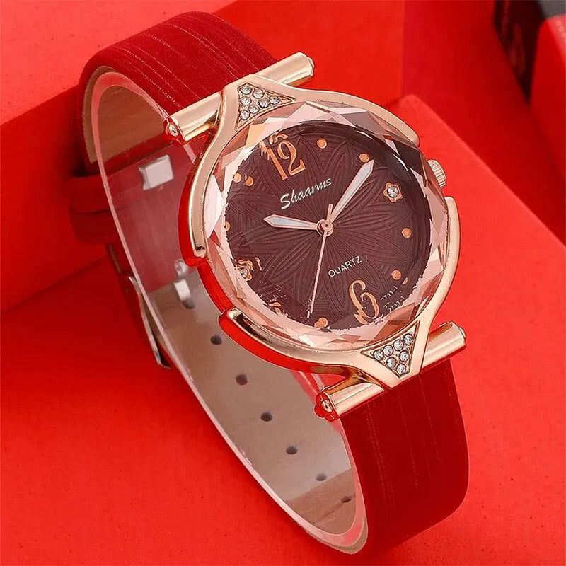 Reloj para Mujer con Correa de Cuero (5 Piezas)