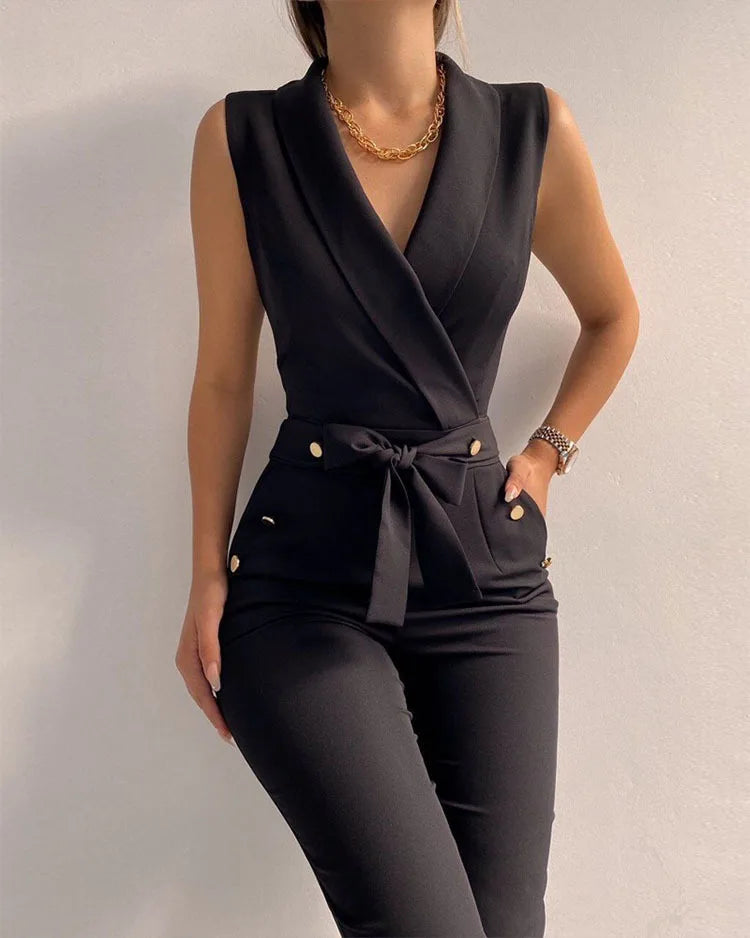 Casual Jumpsuit with V-Neckline and Buttons