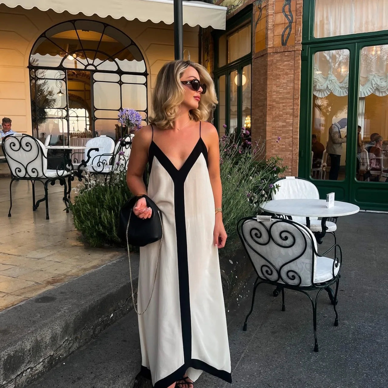 Long Satin Dress with Deep V-Neckline