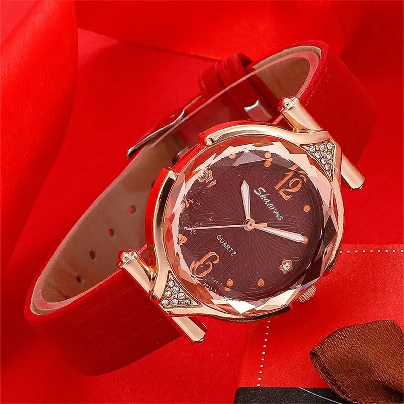 Reloj para Mujer con Correa de Cuero (5 Piezas)