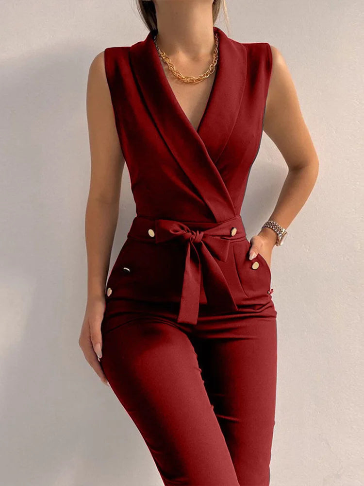 Casual Jumpsuit with V-Neckline and Buttons