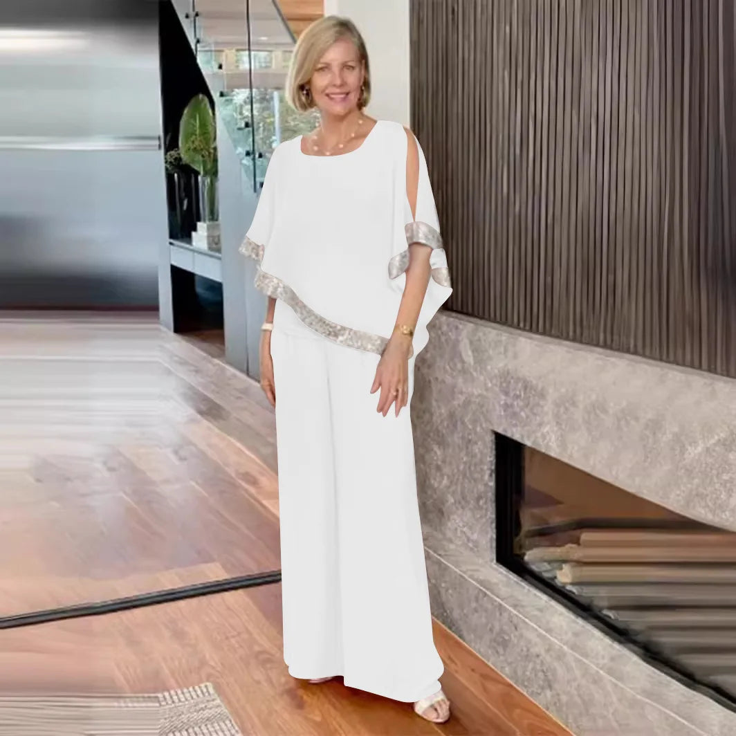 Conjunto de Dos Piezas Elegante con Top de Lentejuelas y Pantalones de Pierna Ancha