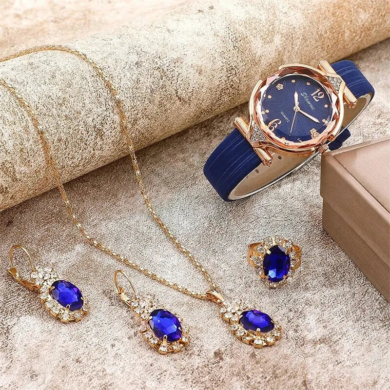 Reloj para Mujer con Correa de Cuero (5 Piezas)