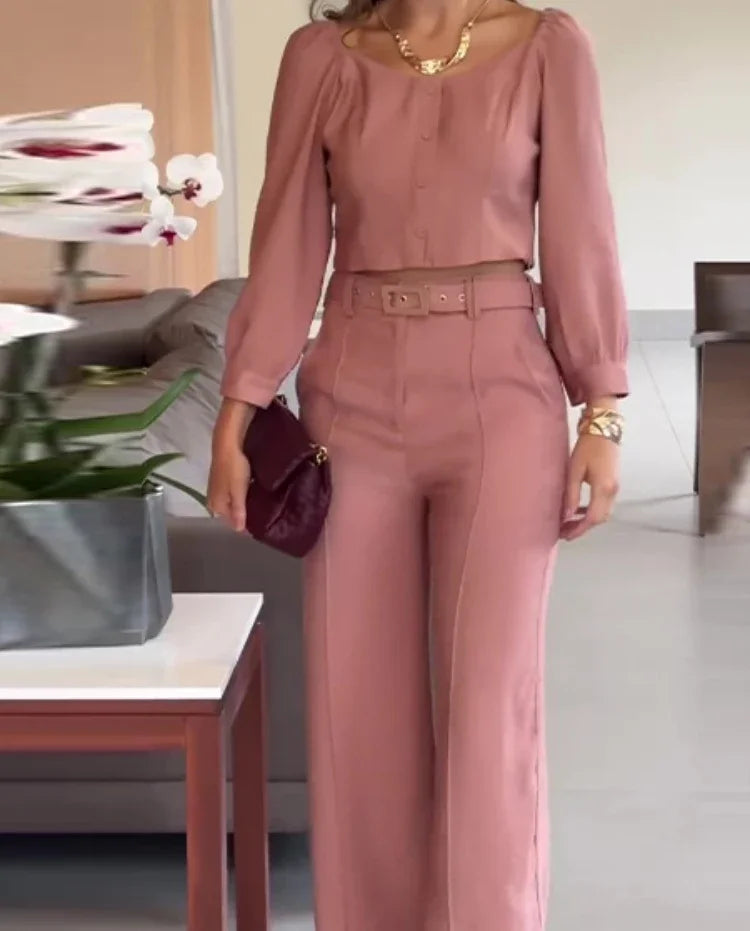 Elegant High Waist Pants Set with Long Sleeve Blouse