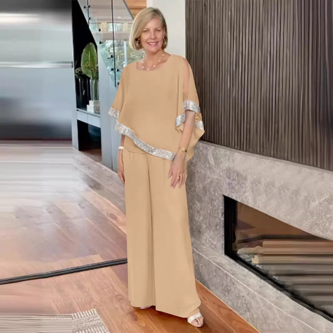 Conjunto de Dos Piezas Elegante con Top de Lentejuelas y Pantalones de Pierna Ancha