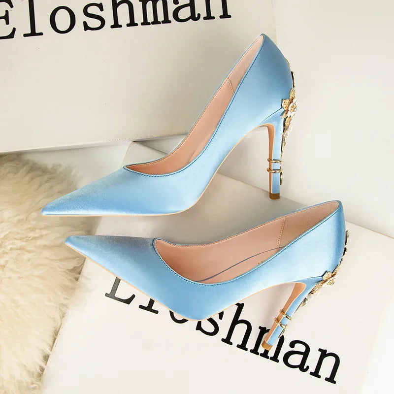Stiletto Heel Shoes with Metallic Flowers
