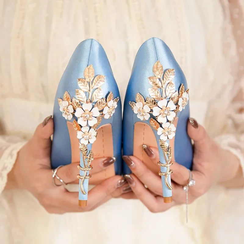 Stiletto Heel Shoes with Metallic Flowers