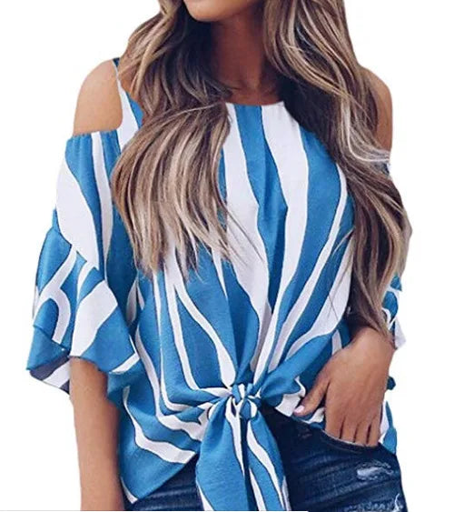 Blusa de Rayas Elegante con Hombros Descubiertos