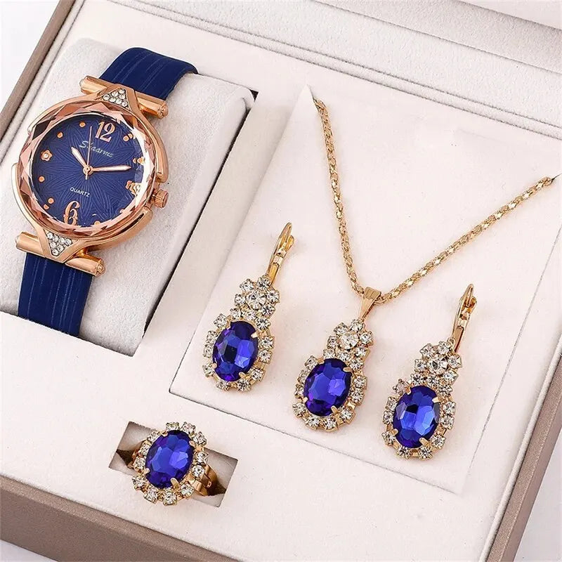 Reloj para Mujer con Correa de Cuero (5 Piezas)