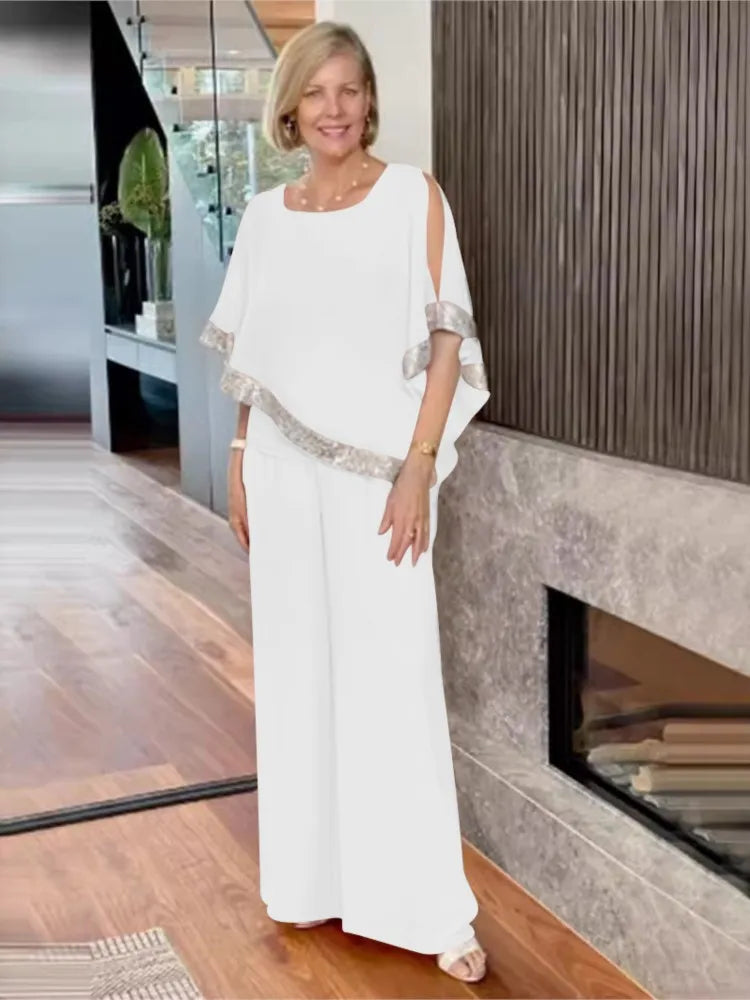 Conjunto de Dos Piezas Elegante con Top de Lentejuelas y Pantalones de Pierna Ancha