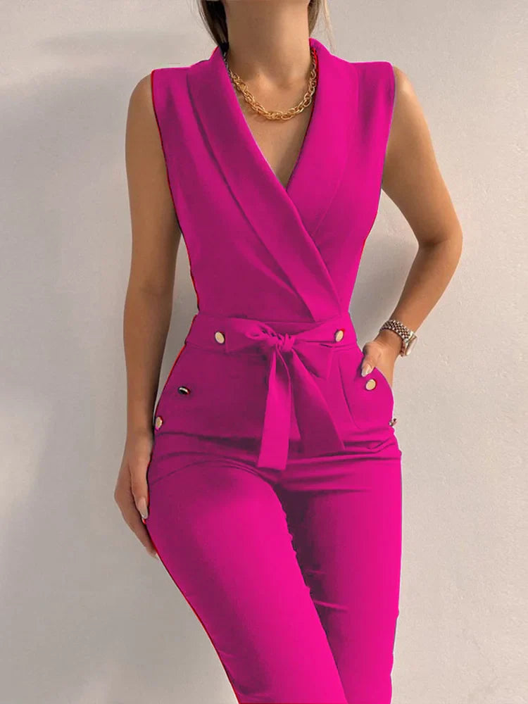 Casual Jumpsuit with V-Neckline and Buttons