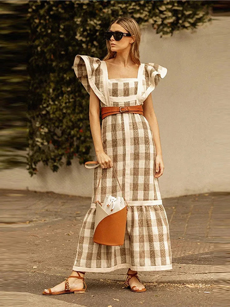 Vestido Vintage Largo de Patchwork con Cuello Cuadrado para Mujer