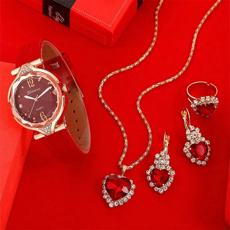 Reloj para Mujer con Correa de Cuero (5 Piezas)