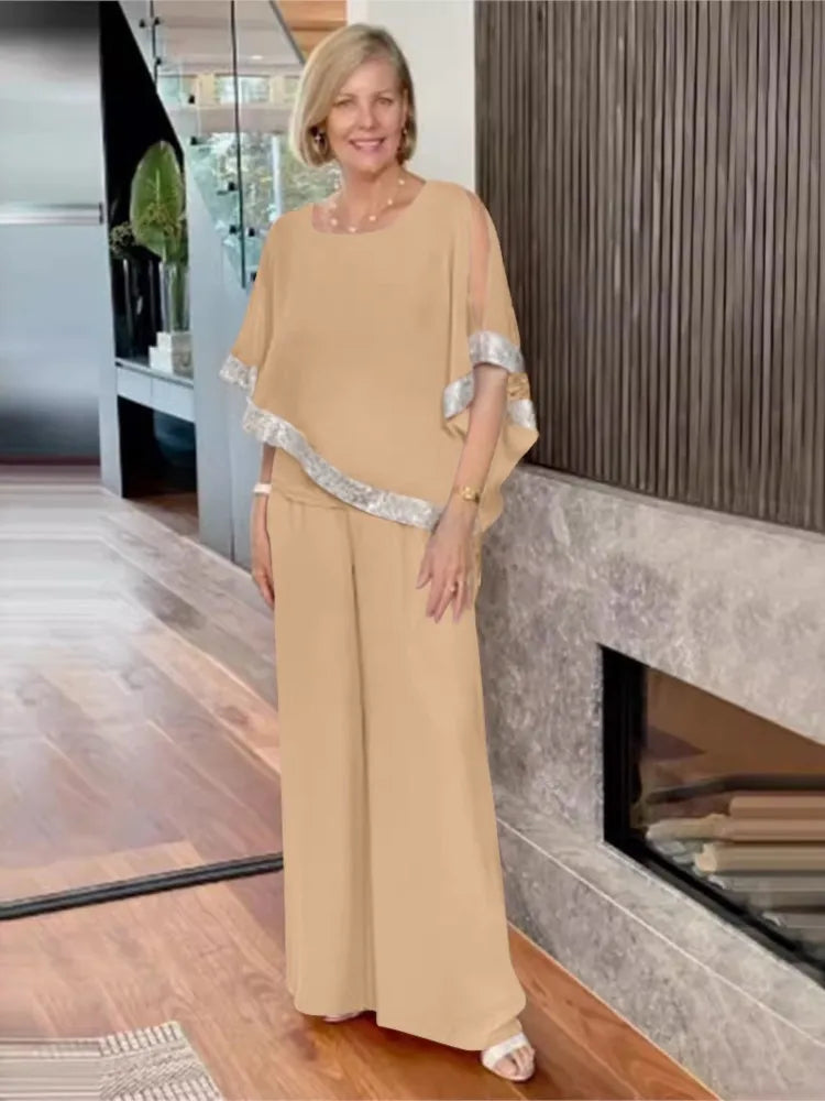 Conjunto de Dos Piezas Elegante con Top de Lentejuelas y Pantalones de Pierna Ancha