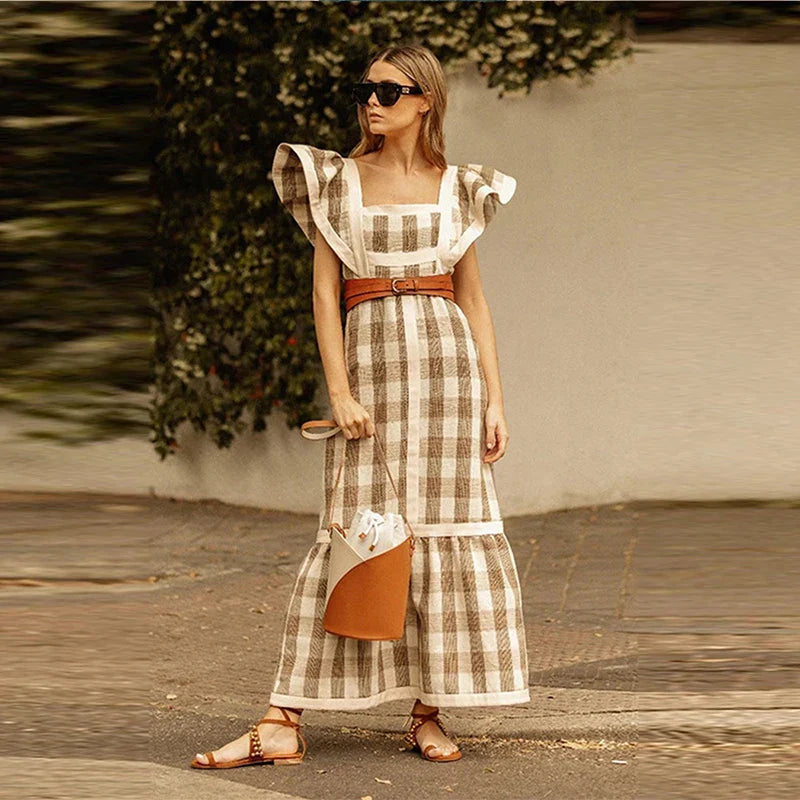 Vestido Vintage Largo de Patchwork con Cuello Cuadrado para Mujer