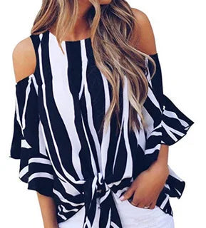 Blusa de Rayas Elegante con Hombros Descubiertos