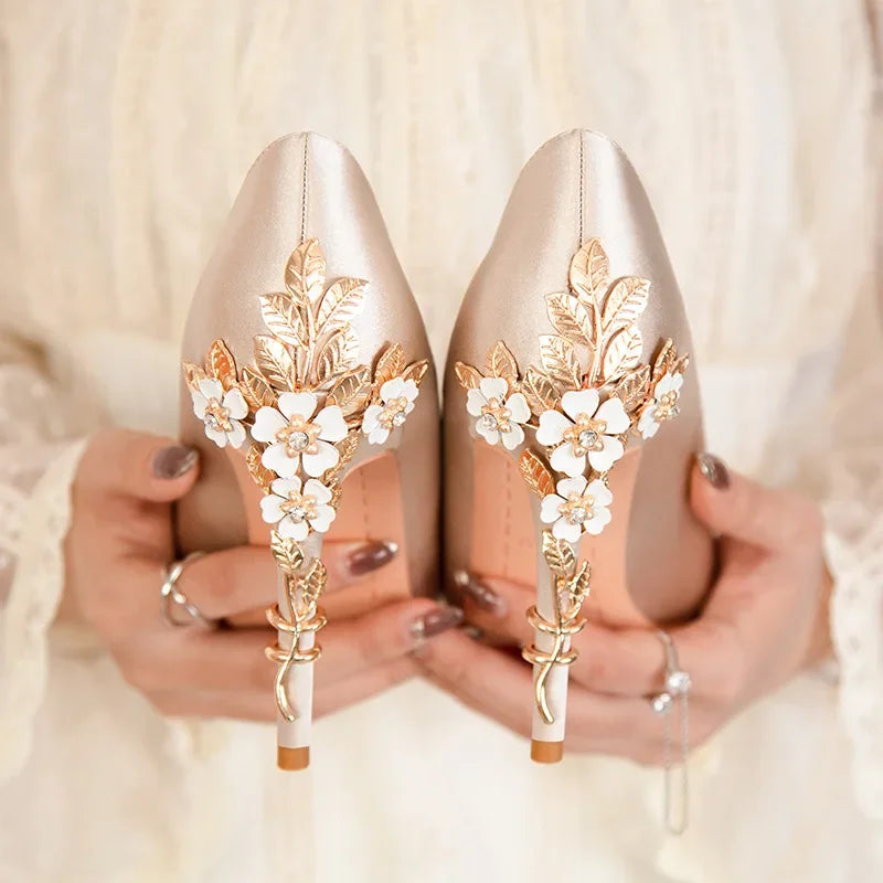 Stiletto Heel Shoes with Metallic Flowers