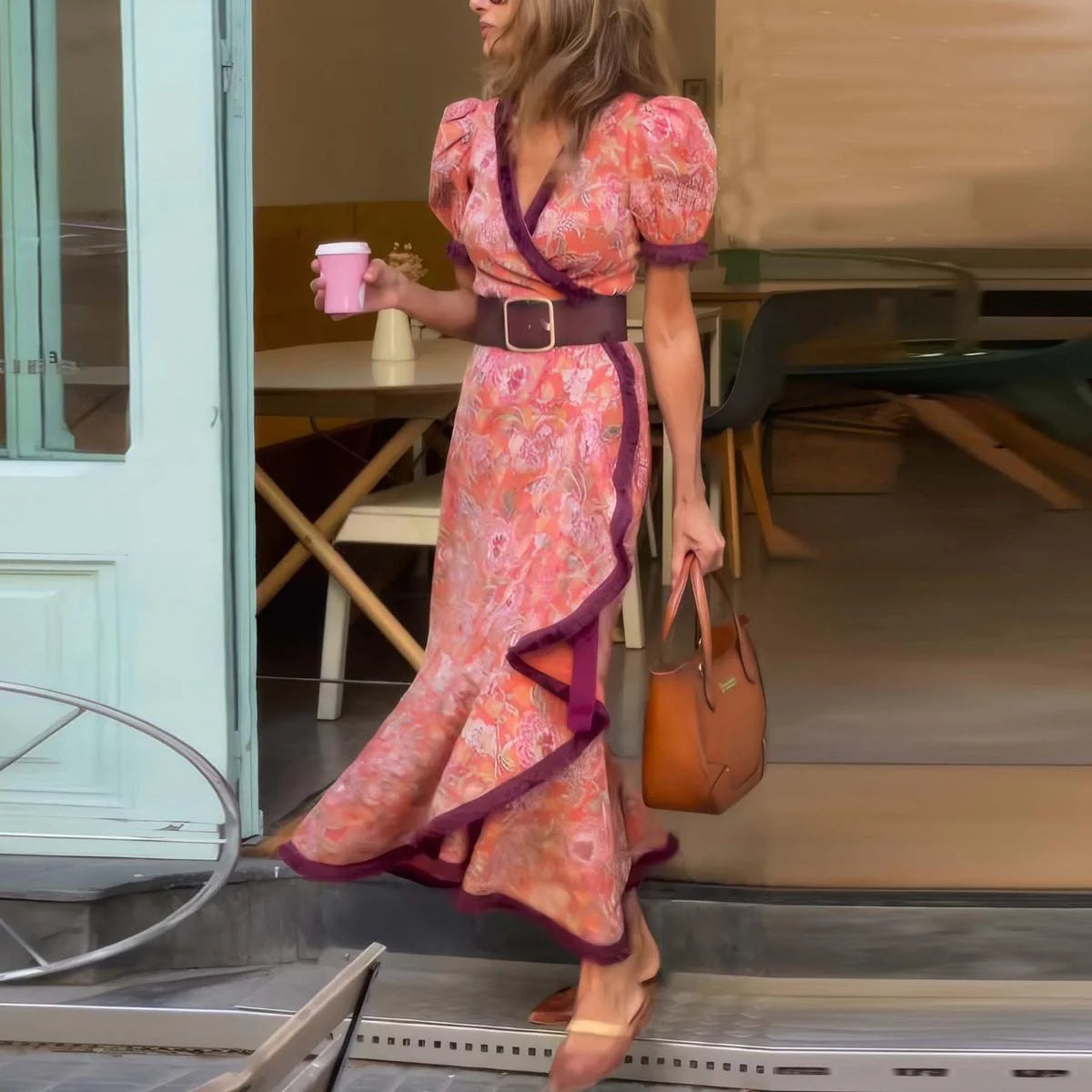VESTIDO LARGO ELEGANTE CON MANGAS CORTAS ABULLONADAS Y FALDA ASIMÉTRICA