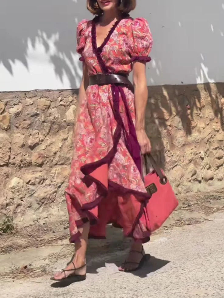 VESTIDO LARGO ELEGANTE CON MANGAS CORTAS ABULLONADAS Y FALDA ASIMÉTRICA