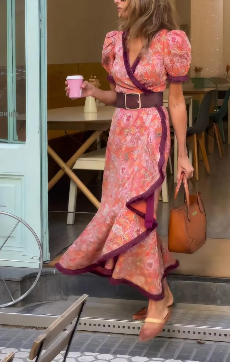 VESTIDO LARGO ELEGANTE CON MANGAS CORTAS ABULLONADAS Y FALDA ASIMÉTRICA