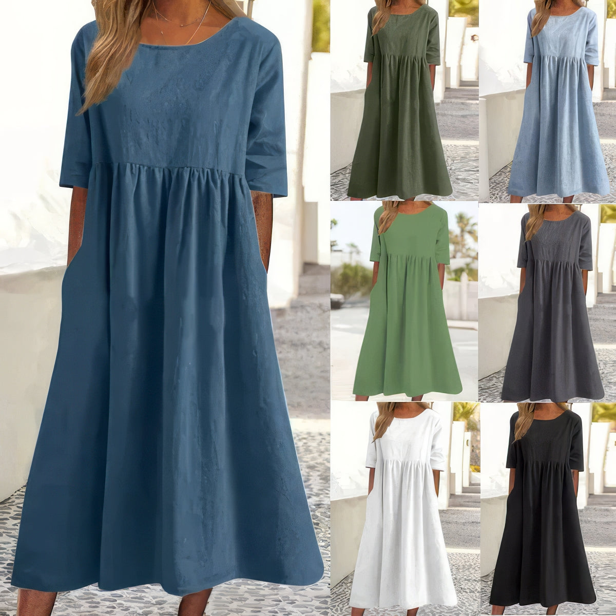 COTTON DRESS WITH ROUND NECK AND POCKETS