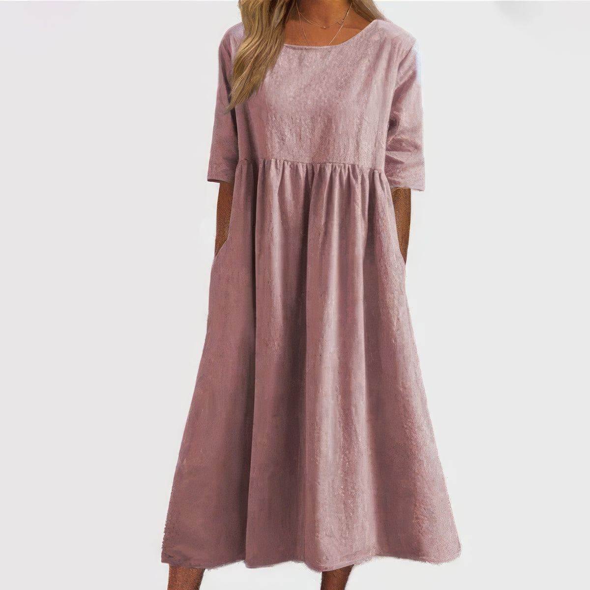 COTTON DRESS WITH ROUND NECK AND POCKETS