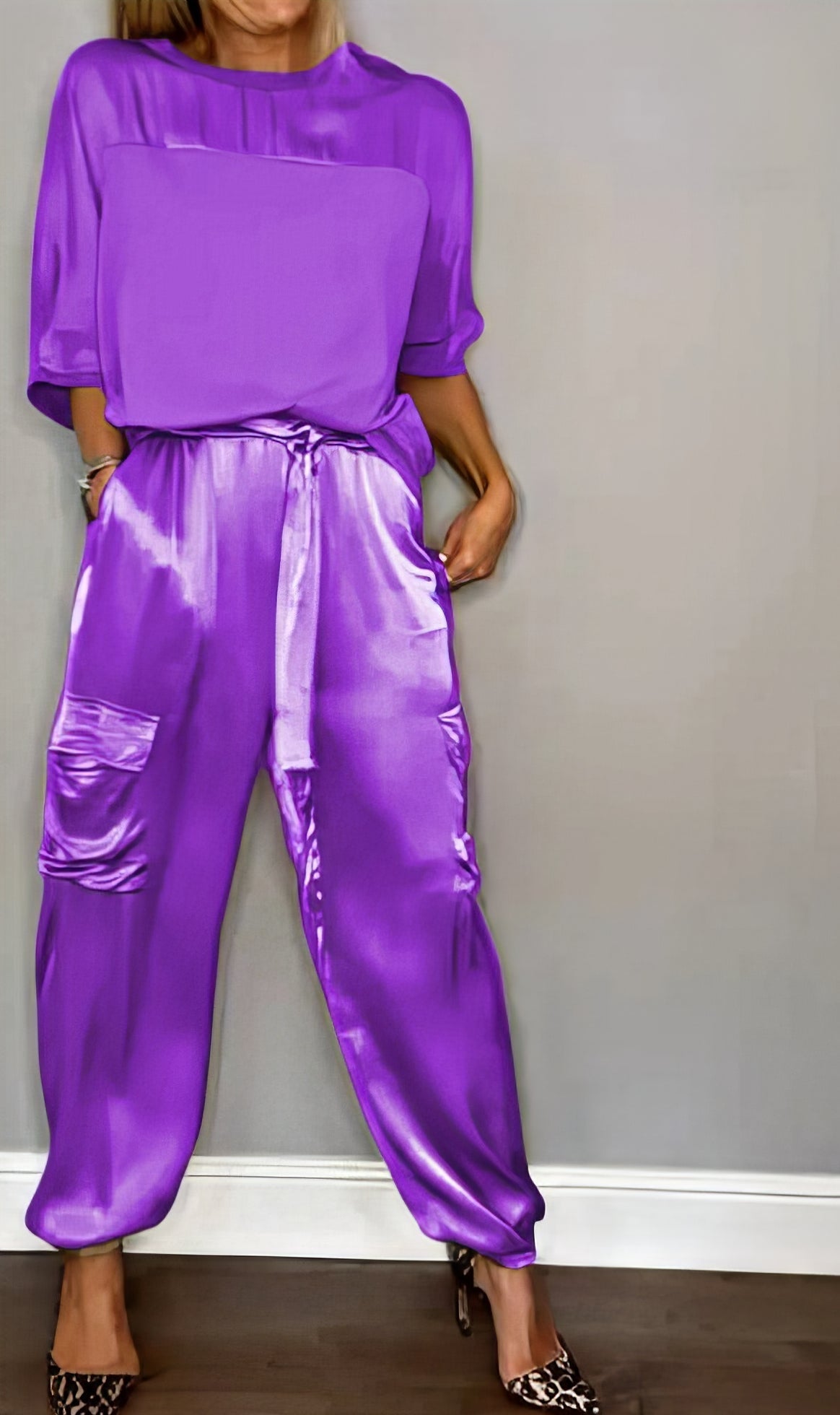 Elegant Satin Two-Piece Set with Blouse and Pants