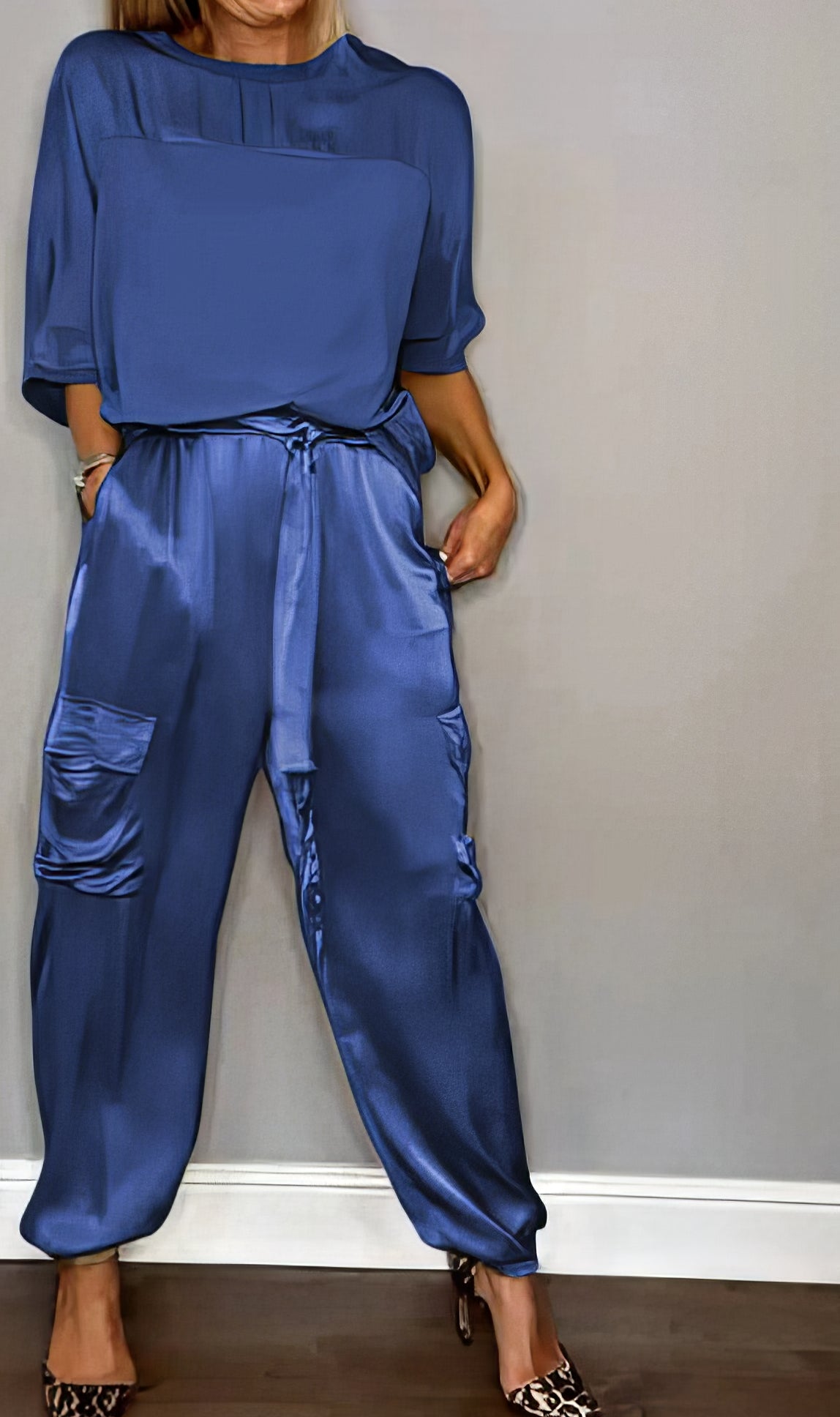 Elegant Satin Two-Piece Set with Blouse and Pants