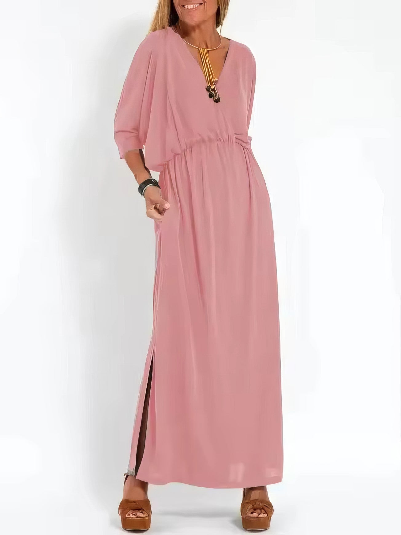 Women's Vintage Long Evening Dress with V-Neck and High Waist