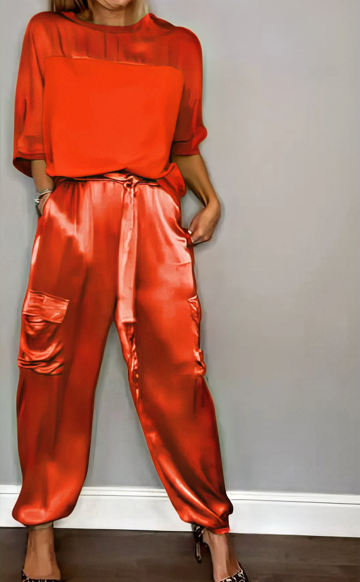 Elegant Satin Two-Piece Set with Blouse and Pants