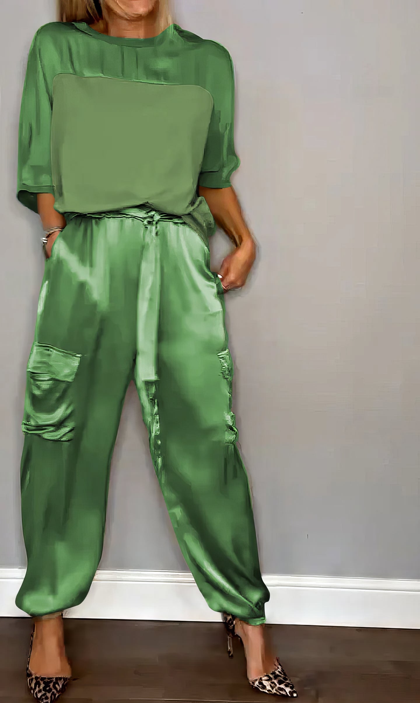 Elegant Satin Two-Piece Set with Blouse and Pants