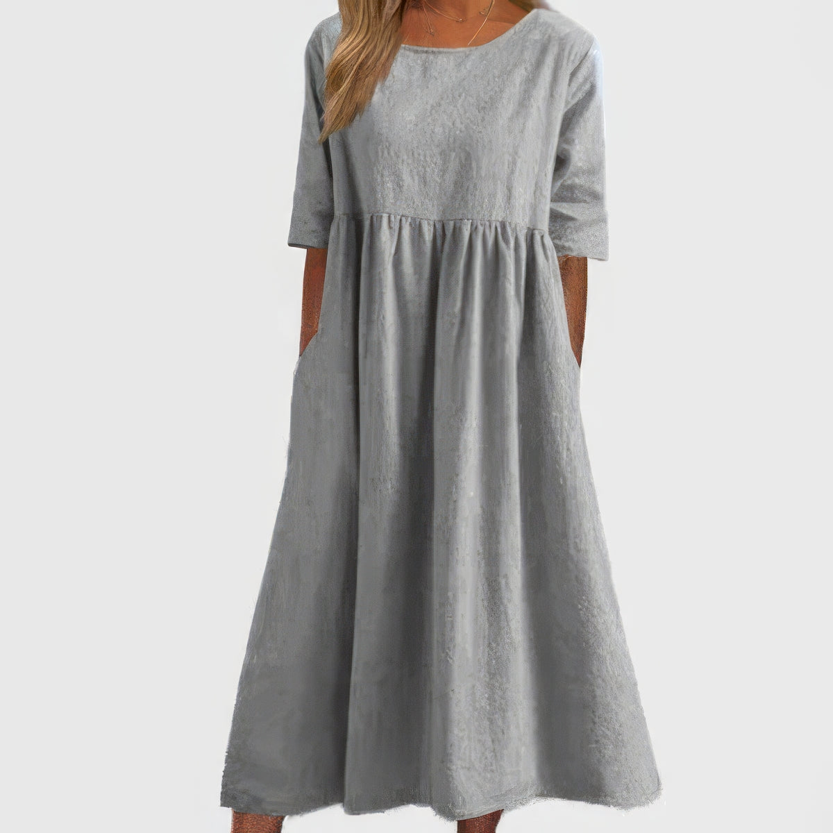 COTTON DRESS WITH ROUND NECK AND POCKETS