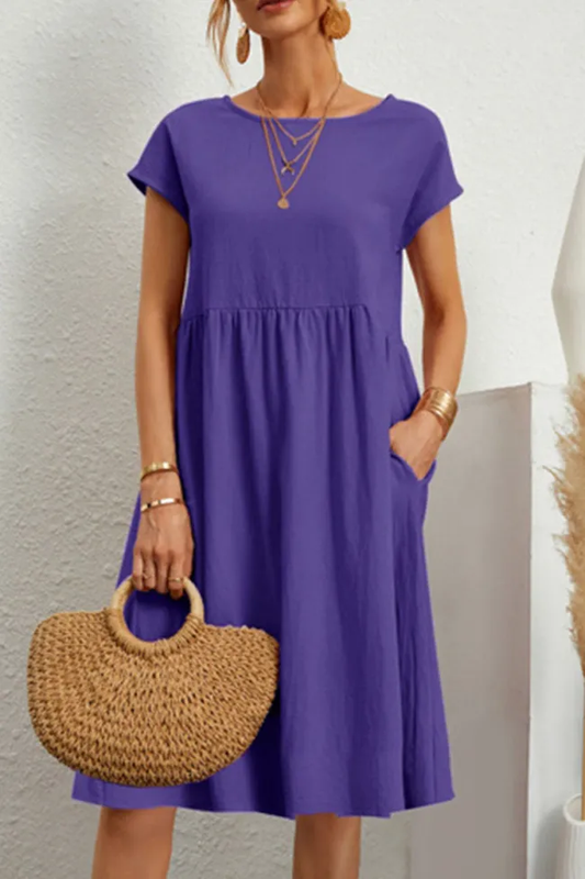 Melanie - Vestido Informal de Patchwork Monocolor con Escote en O y Mangas Cortas en A