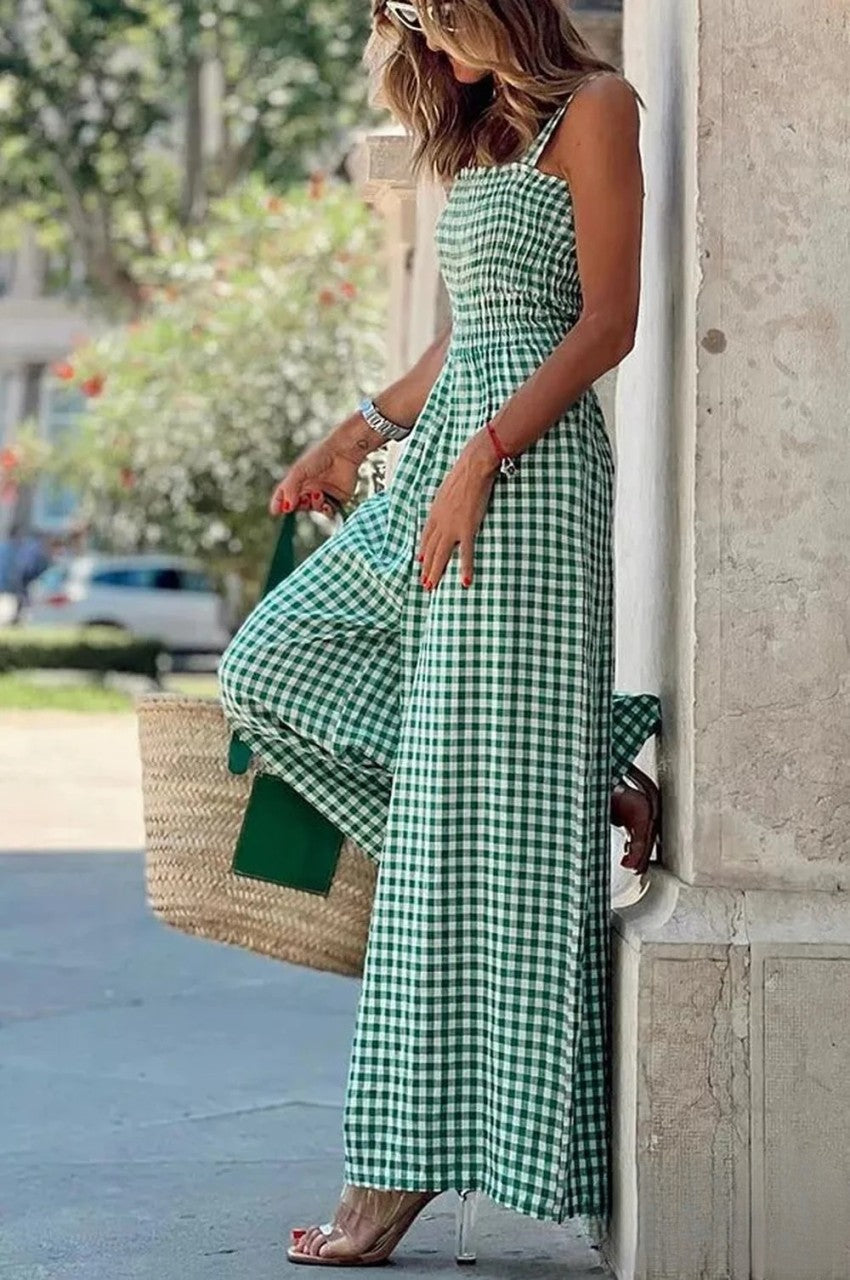 Gina - Plaid Ruched Wide Leg Jumpsuit