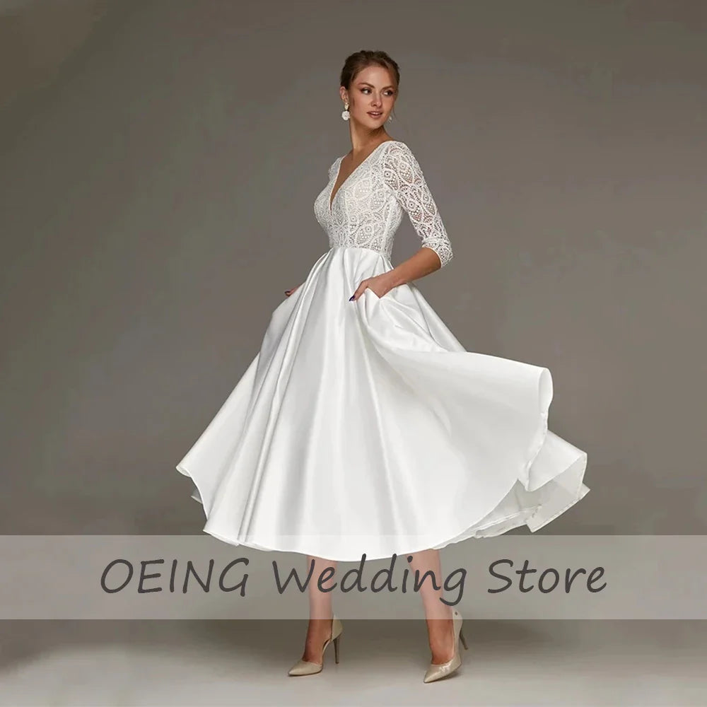 Vestido de Novia Midi con Encaje y Mangas 3/4