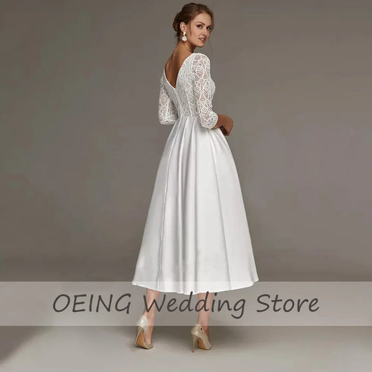Vestido de Novia Midi con Encaje y Mangas 3/4