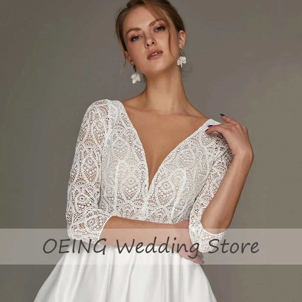 Vestido de Novia Midi con Encaje y Mangas 3/4
