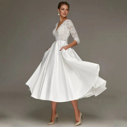 Vestido de Novia Midi con Encaje y Mangas 3/4