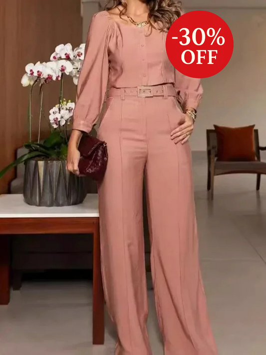 Elegant High Waist Pants Set with Long Sleeve Blouse